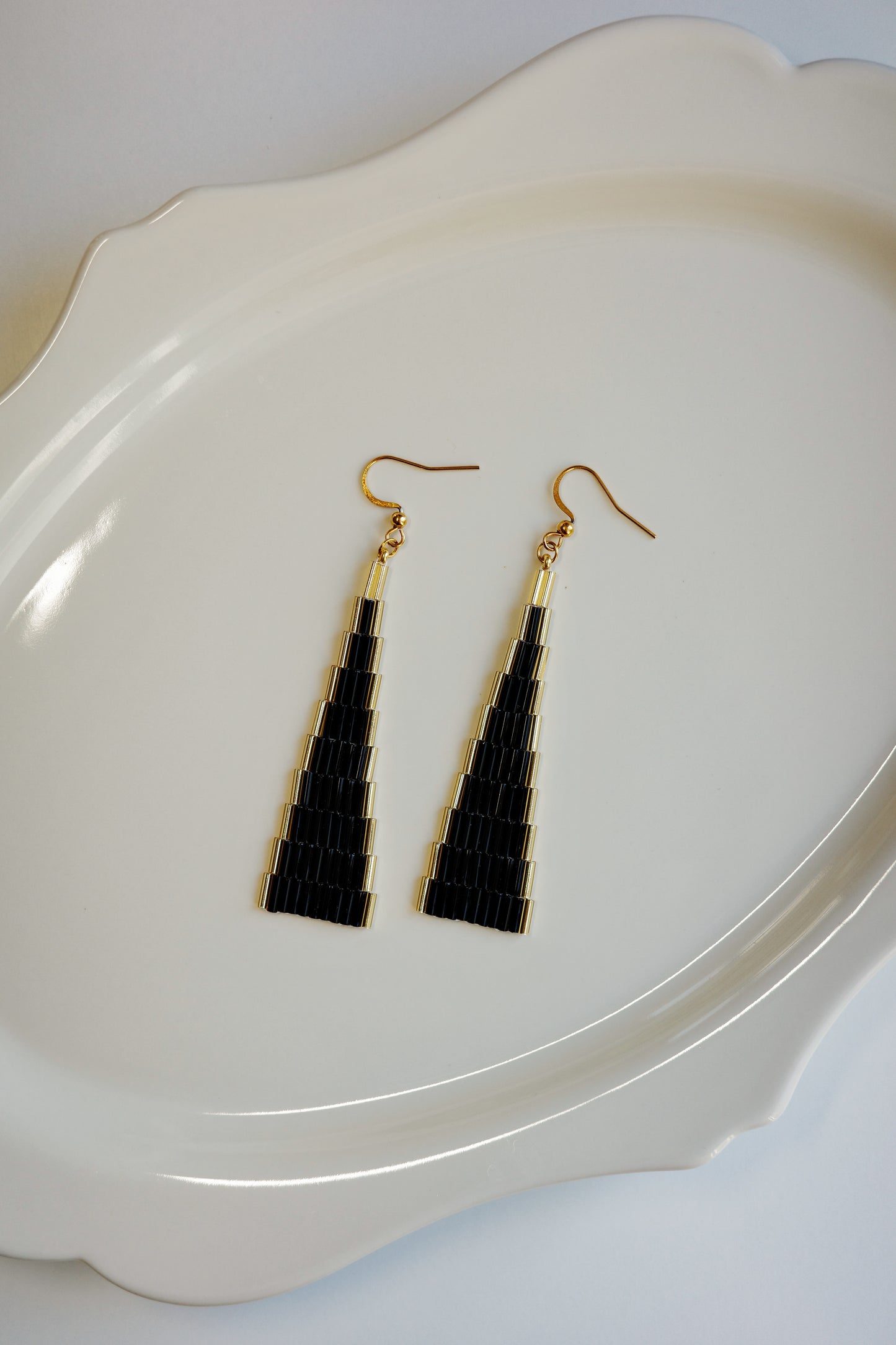 Black Beaded Tapered Drop Earrings