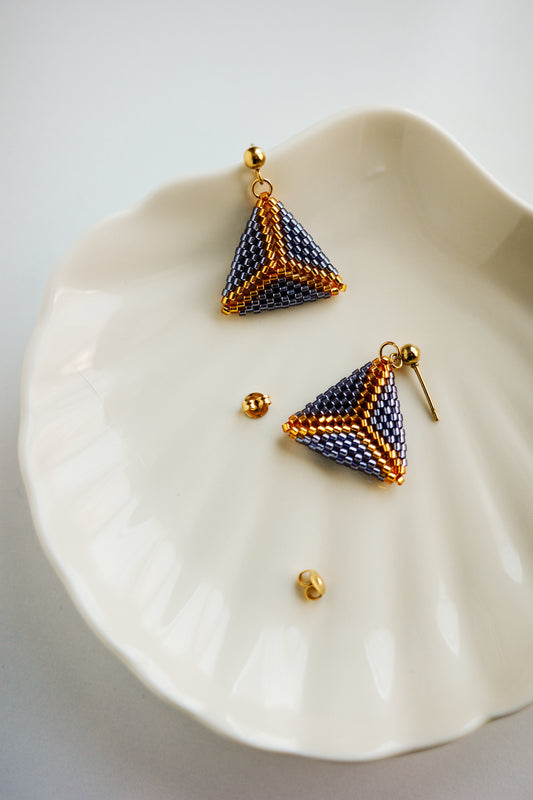 Purple Gold Geometric Triangle Beaded Earring