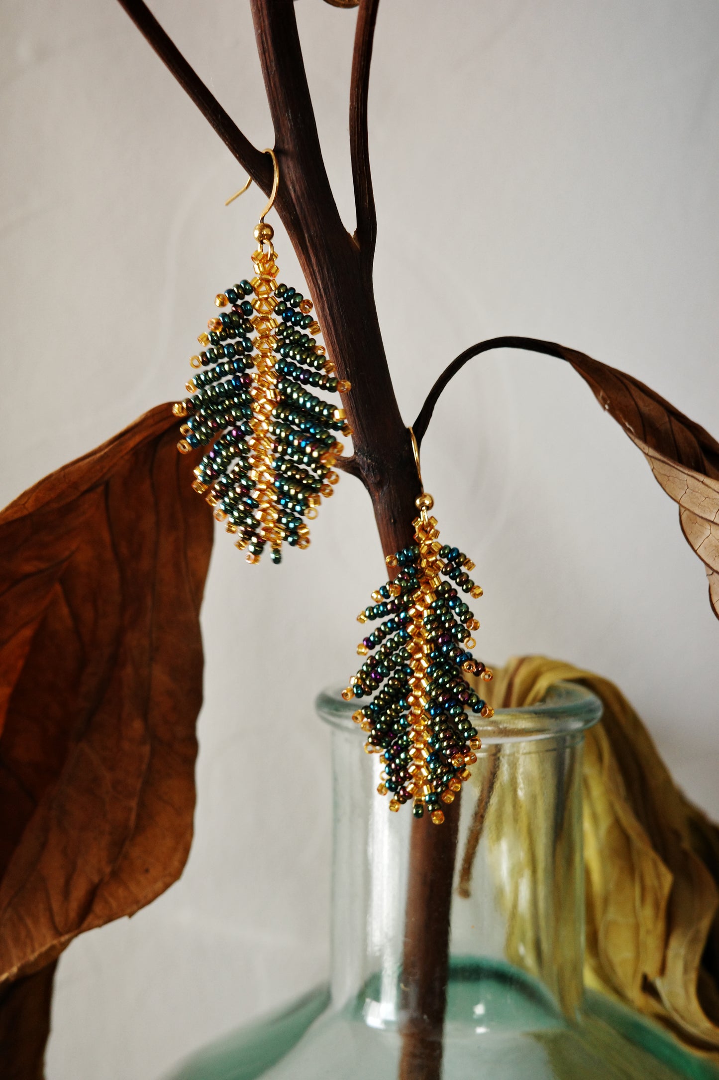 Emerald Green and Gold Feather Earring