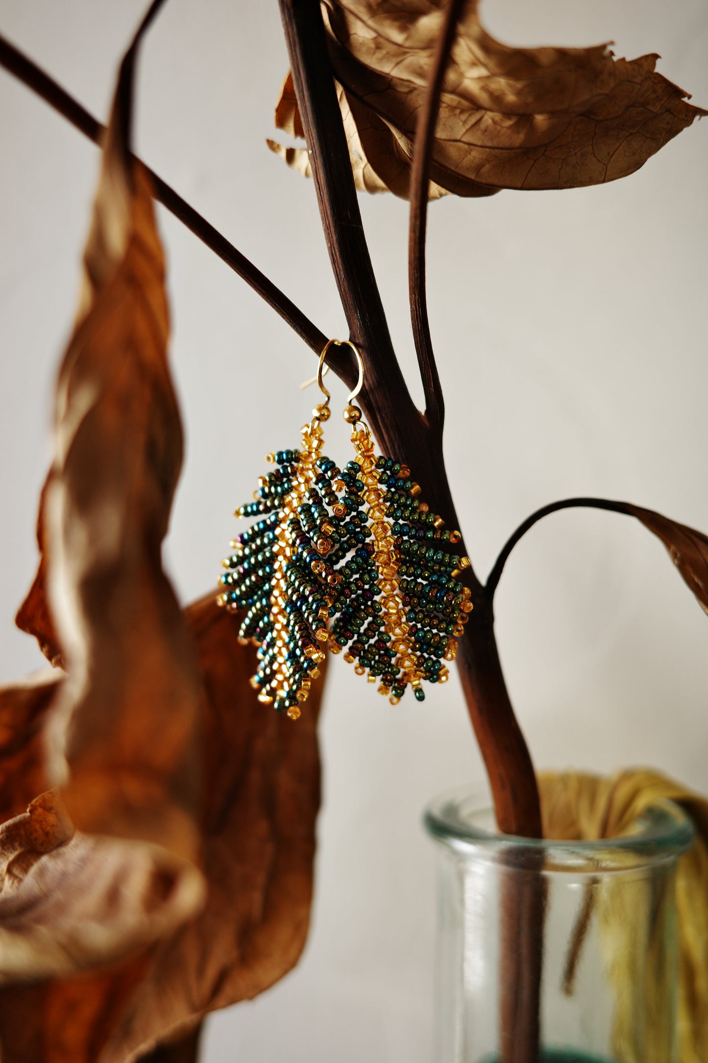 Emerald Green and Gold Feather Earring