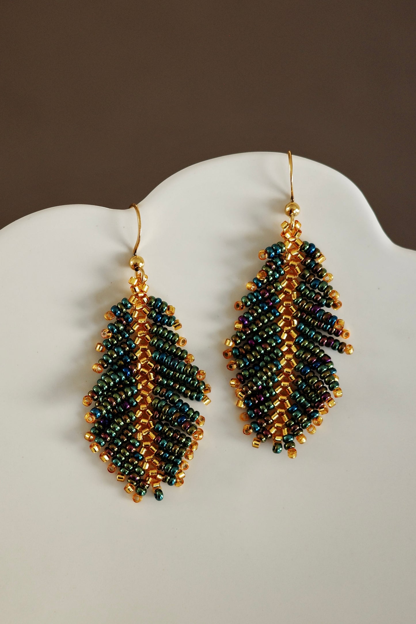 Emerald Green and Gold Feather Earring