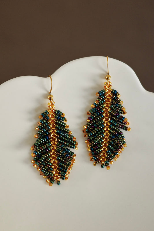 Emerald Green and Gold Feather Earring