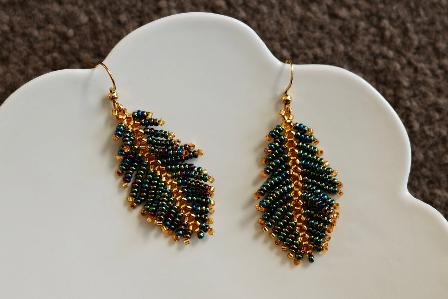 Emerald Green and Gold Feather Earring