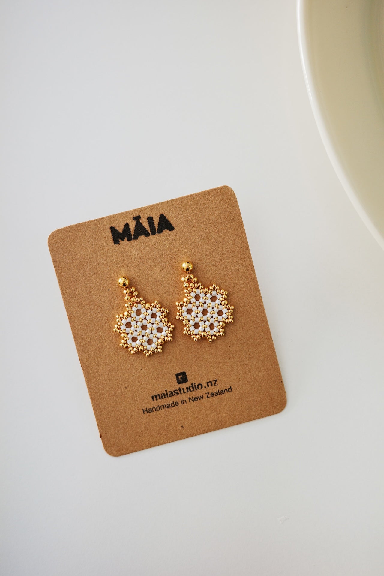 White and Gold Snowflake Beaded Earrings