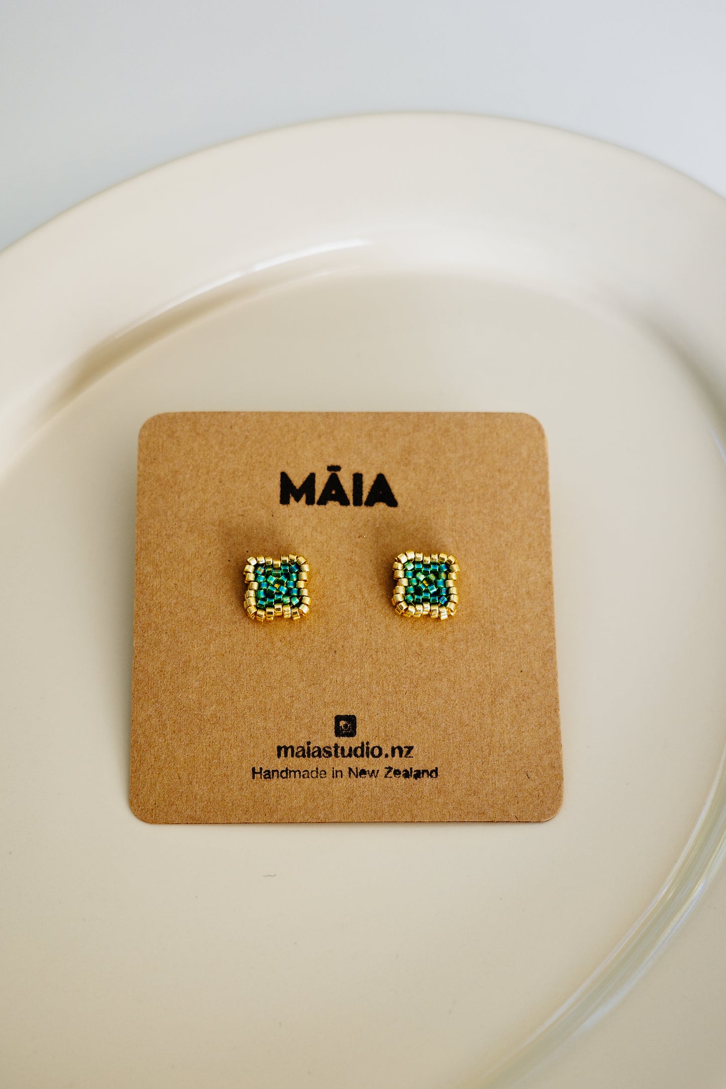 Handmade Beaded Stud Earrings - Green or Red