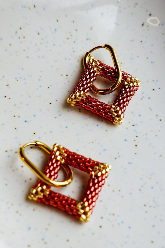 Red Beaded Square Hoop Earrings