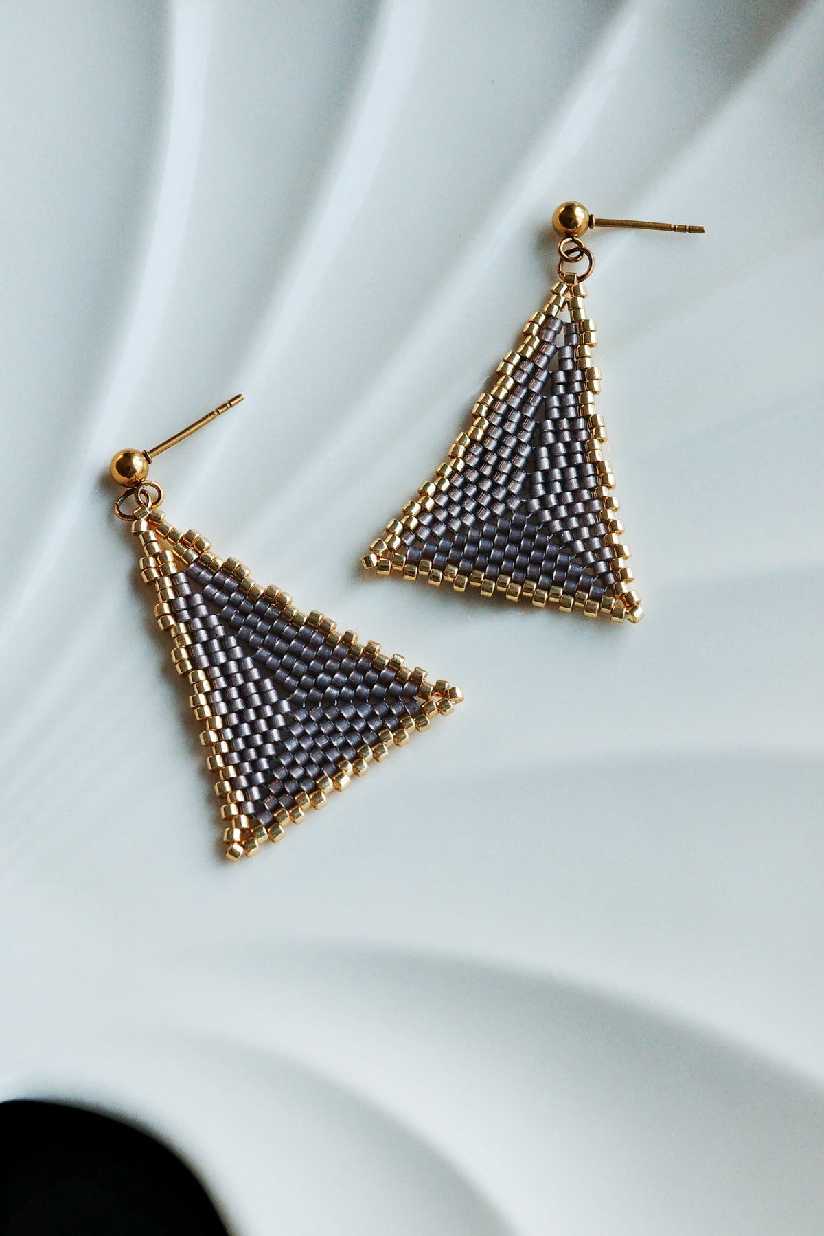 Silver and gold glass bead triangle earrings — Māia Studio