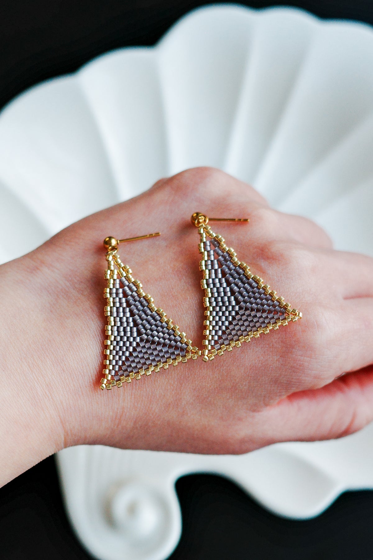 Silver and gold glass bead triangle earrings — Māia Studio